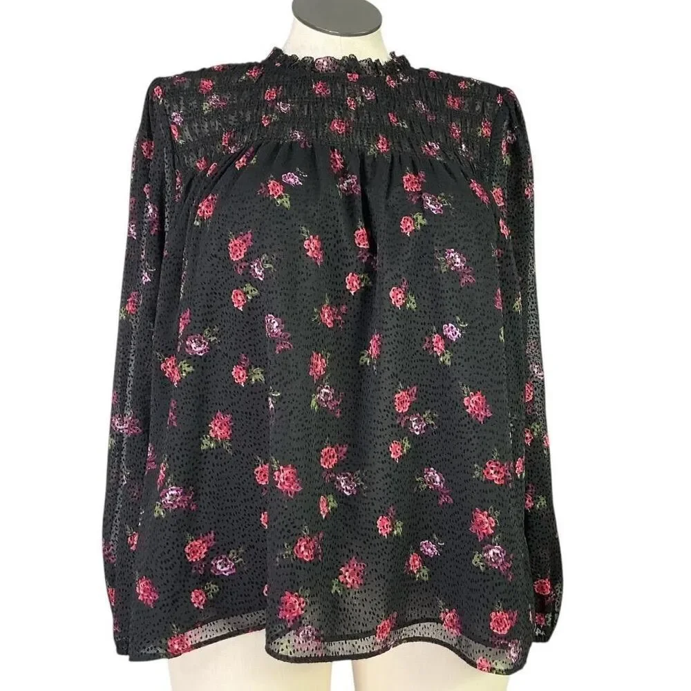 Banana Republic Top Women L Black Red Floral Velvet Dot Smocked Ruffle Collar